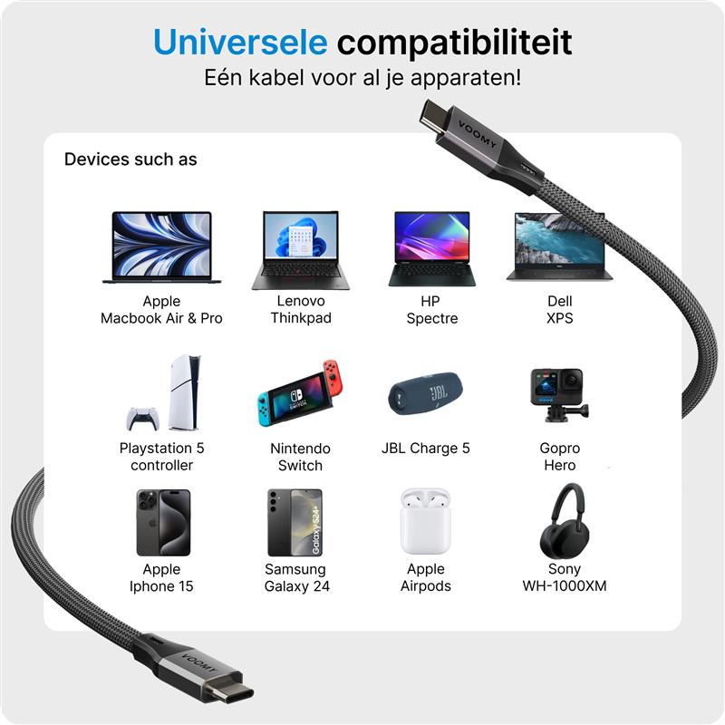 Voomy Connect C240 - USB C naar USB-C Kabel 240W - 480 Mbps - 2 Meter