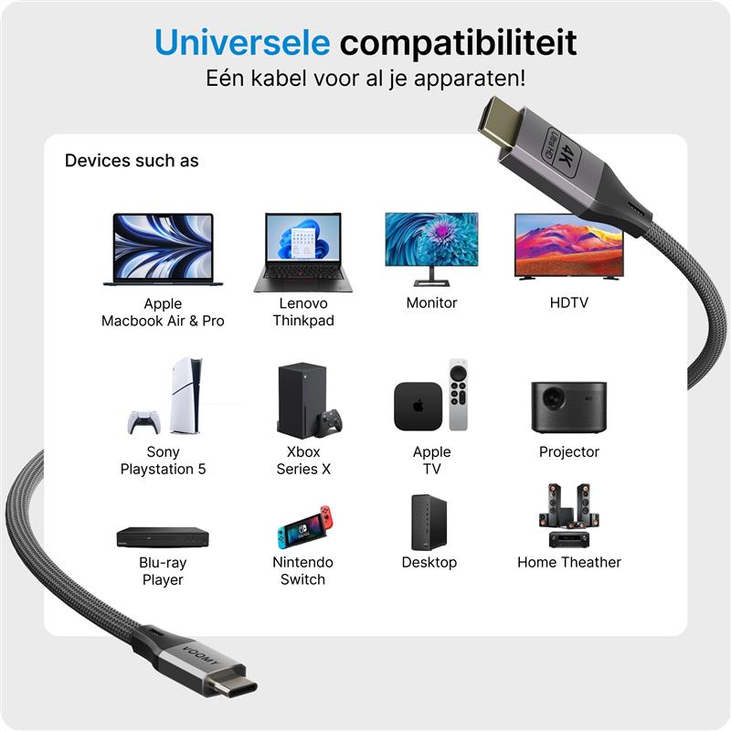 Voomy Connect C4 - USB C naar HDMI Kabel - 4k 60hz Ultra HD - 2 Meter