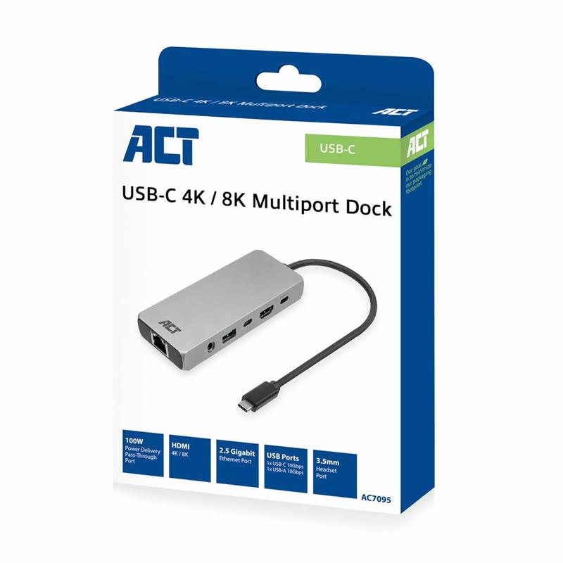 ACT AC7095 laptop dock & poortreplicator Bedraad USB 3.2 Gen 1 (3.1 Gen 1) Type-C Grijs