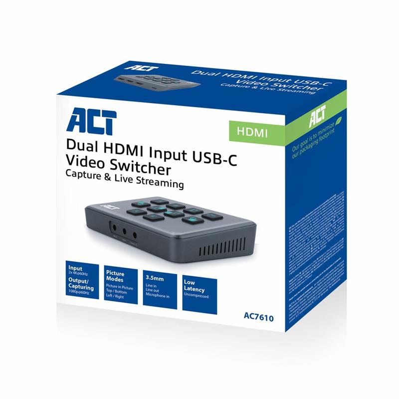 ACT Dual HDMI input USB-C Video Switcher, capturen en live streamen