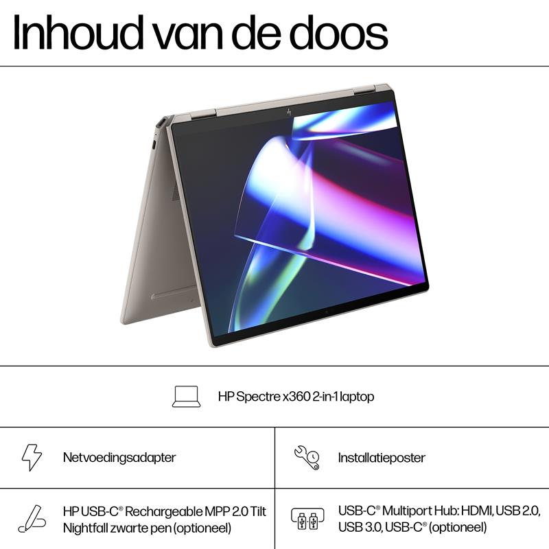 HP Spectre x360 14-eu0635nd Intel Core Ultra 7 155H Hybride (2-in-1) 35,6 cm (14"") Touchscreen 2.8K 16 GB LPDDR5x-SDRAM 1 TB SSD Wi-Fi 7 (802.11be) W