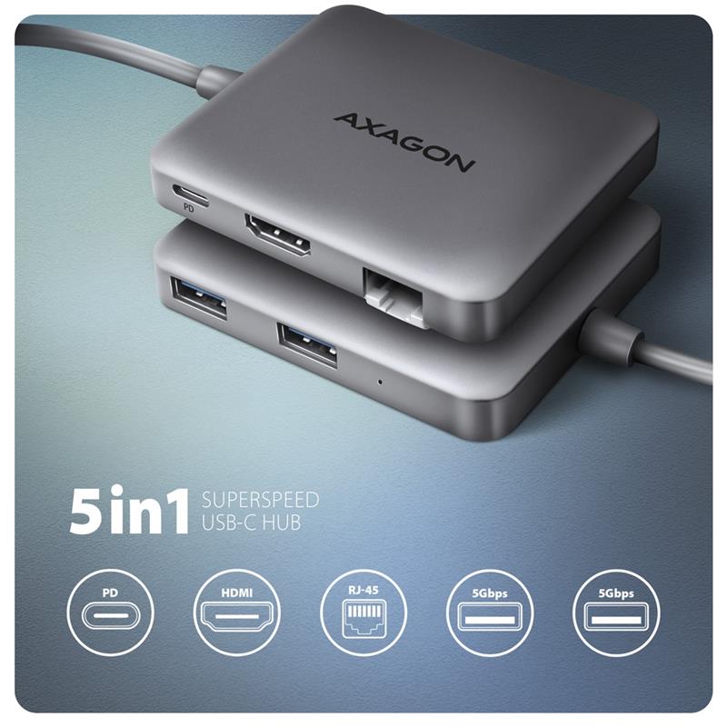 Axagon N HMC-5HL USB 5Gbps hub 2x USB-A HDMI 4k/60Hz RJ-45 GLAN PD 100W kabel USB-C Bedraad USB 3.2 Gen 1 (3.1 Gen 1) Type-C Zilver