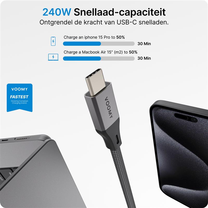 Voomy Connect C240 - USB C naar USB-C Kabel 240W - 480 Mbps - 2 Meter