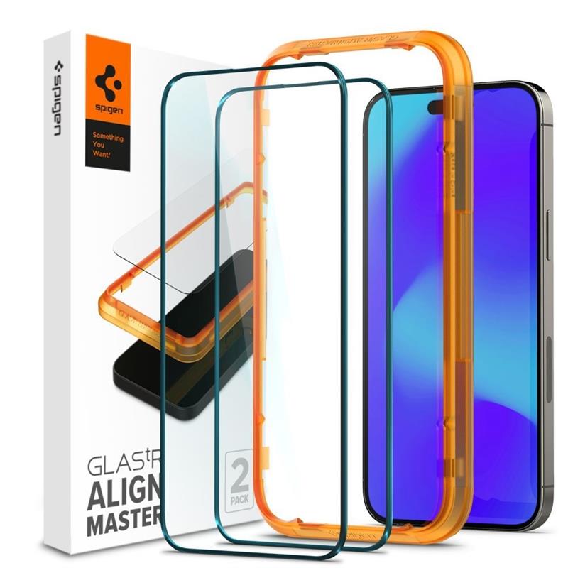 Spigen Screenprotector iPhone 14 Pro - Full Cover Glas with AlignMaster 2 Pack - Black